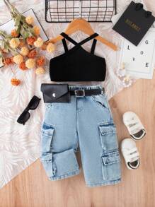 夏季寶寶女孩帶點俏皮氣息的休閒牛仔裝套裝 - 黑色 - 查看 1