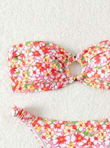 Swim Mod Women\ Holiday Floral Printed Bandeau Bikini Set With Circle Link Detail And Simple Fashion Design, Random Print,Summer Beach - Multicolor - View 6