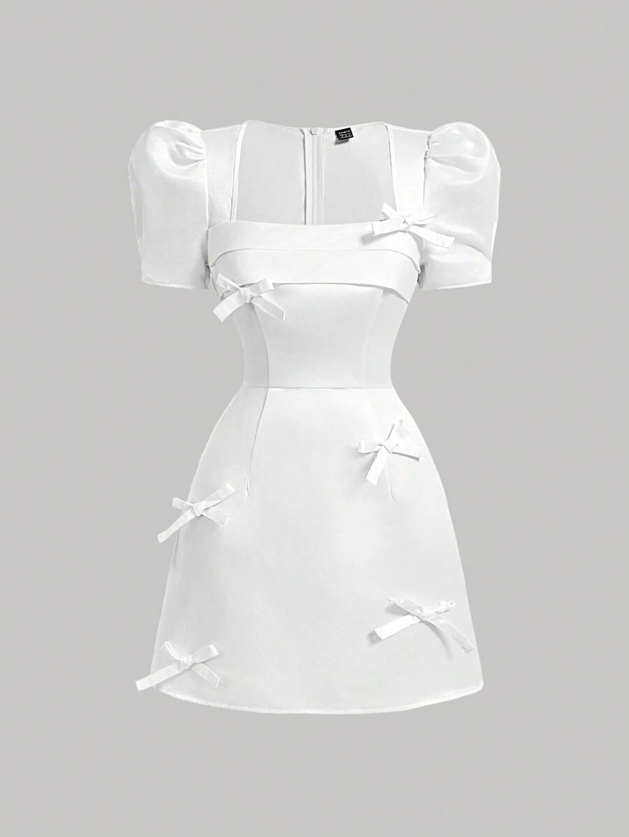 SHEIN MOD White Cute Vintage Women Short Puff Sleeve Summer Dress With Bow,White Graduation Dress,Business Casual Woman