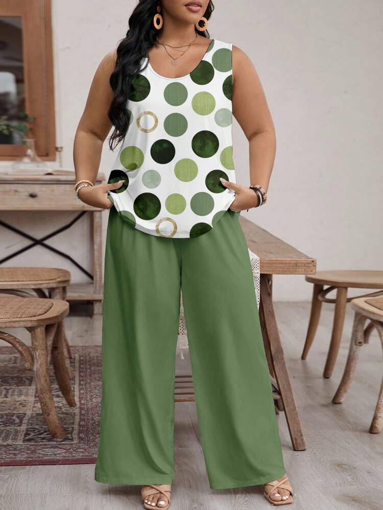 Ensemble deux pièces pour femmes grandes tailles, composé d'un gilet imprimé à pois et d'un pantalon ample, pour l'été et les vacances
