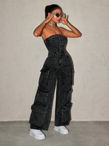 SHEIN ICON 女士口袋裝飾露肩牛仔連身褲 - 黑色 - 查看 4