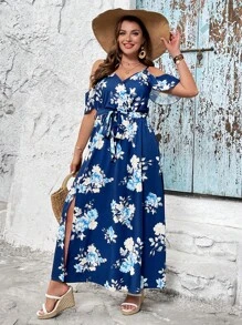 SHEIN VCAY Vestido de verano con estampado floral y hombros descubiertos de moda para mujer de talla grande para vacaciones