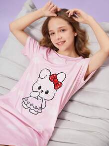 Tween Girl Cat Printed Short-Sleeved Sleep Dress With Round Neck, Home Wear - Baby Pink - View 4