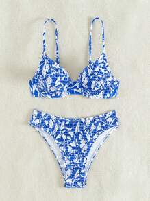 SHEIN Swim Women's Holiday Plant Printed Shirred Sexy Bikini Set Summer
