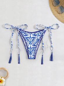 Swim Vcay Vintage Floral Print Tie-Side Bikini Bottoms For Vacation Beach Summer - Blue and White - View 1