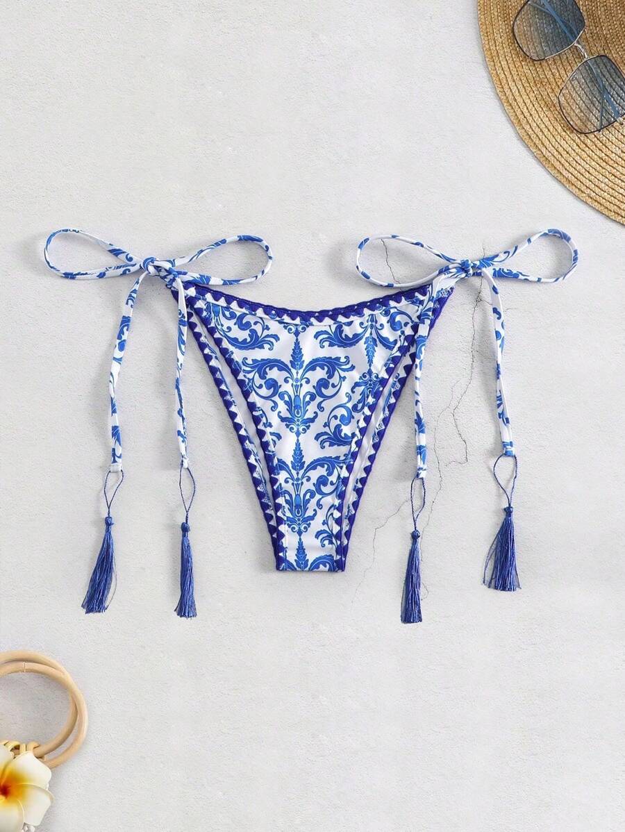Swim Vcay Vintage Floral Print Tie-Side Bikini Bottoms For Vacation Beach Summer - Blue and White - View 1