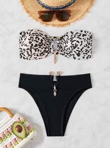 Swim SXY 2-Piece Leopard Print Halter Top & Solid Color Bottom Swimming Costume, Beach Resort Swimwear Summer - Multicolor - View 3