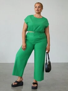 SHEIN EZwear Plus Size Green Linen Holiday Casual Pants Set
