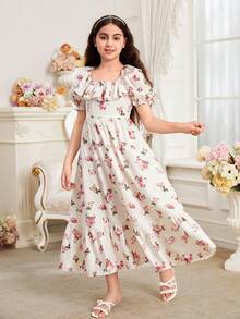 Tween Girl Cute Square Neck Ruffle Trim Bubble Sleeve Dress - White - View 7