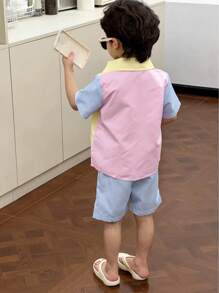 SHEIN Genkimix Kids Toddler Boys Striped Print Colourblock Shirt & Shorts - Multicolor - View 2