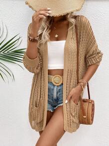 Breezaya Women's Solid Color Hollowed Texture Cardigan With Pockets, Perfect For Vacation - Khaki - View 1