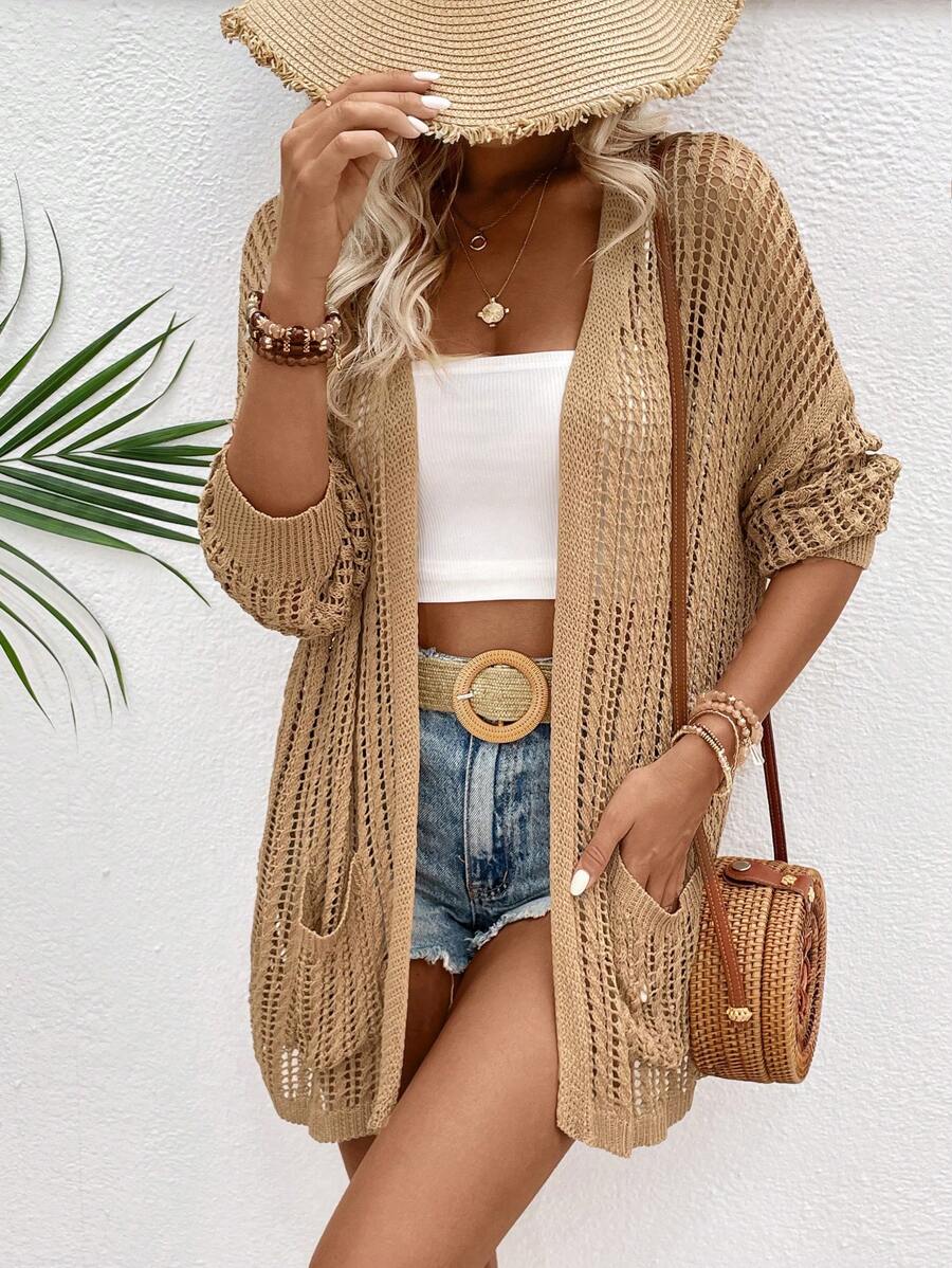 Breezaya Women's Solid Color Hollowed Texture Cardigan With Pockets, Perfect For Vacation - Khaki - View 1