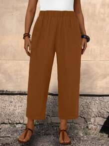 EMERY ROSE Plus Size Women'S Black Trousers With Pockets And Elastic Waistband - Brown - View 5