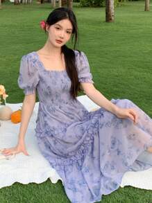 DAZY Women's Chiffon Floral Print Square Neck Elegant Dress Sundress