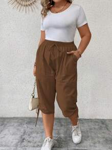 SHEIN LUNE Pantalones casuales de talla grande con cordón y bolsillos en unicolor tipo Capri - Café integral - Ver 3