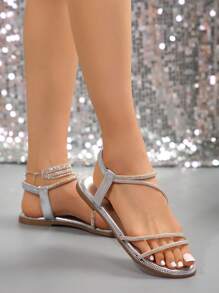 Sandalias planas con puntera redonda metálica, diseño con rhinestones y correa elástica para mujer, perfecto para San Valentín