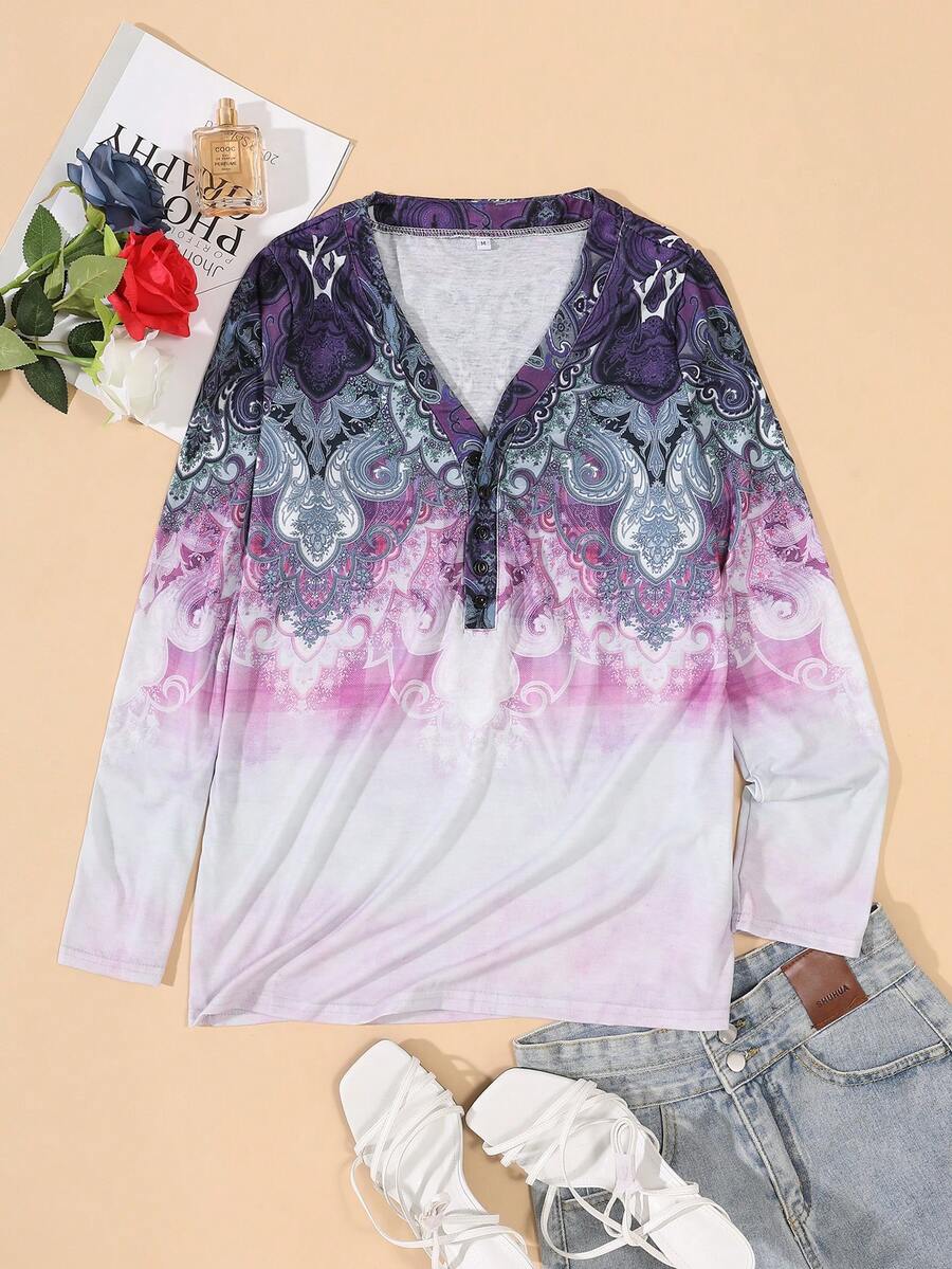 Long Sleeve Notched Neck Casual T-Shirt - Mauve Purple - View 1