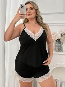 Plus Size V-Neck Lace Trim Cami & Shorts Pajama Set - Black - View 6