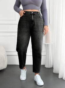 EURMUSE 100%Cotton Plus Size Washed Mom Style Jeans - Black - View 3