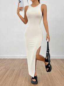 SHEIN PETITE Women Plain Color Split Thigh Open Back Summer Sleeveless Dress