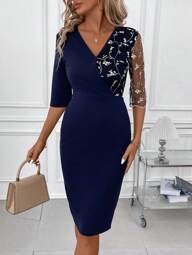 SHEIN Clasi Sukienka damska o dopasowanym kroju z kontrastową siateczką i haftem kwiatowym