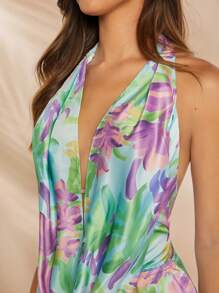 SHEIN Unity Floral Draped Plunge Neck Halter Backless Romper - Blue - View 4