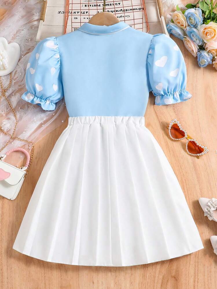 Tween Girl Shirt Collar Single-Breasted Heart Print Puff Sleeve Casual Top And Pleated Skirt Set