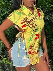 Slaydiva Camisa con letras graffiti impresas, triángulo invertido y correa lateral - Amarillo - Ver 3