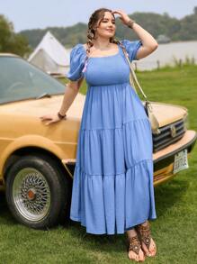 Dreamara Casual Vacation Seaside Light Blue Ruffle Hem Loose And Comfortable Plus Size Long Dress - Baby Blue - View 7