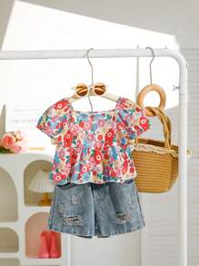 SHEIN 2件套女婴休闲时尚碎花套装，适合春夏外出