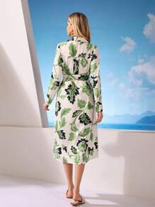 GENKIRA Elegant Color Block Floral Printed Cinched Waist Shirt Collar Long Sleeve Dress For Office Lady - Multicolor - View 5