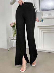 Modelyn Women's Solid Color High Slit Elegant Flared Leg Pants - Black - View 5