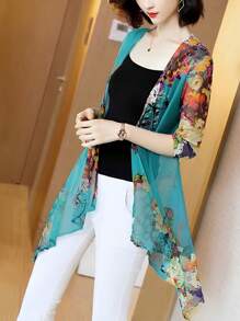 SHEIN LUNE 女式花卉印花寬鬆度假款開衫，隨機裁剪