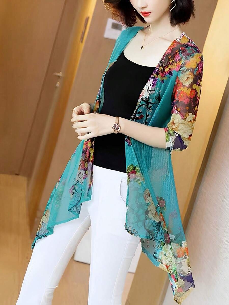 SHEIN LUNE 女式花卉印花寬鬆度假款開衫，隨機裁剪