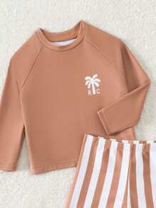 Stylish Baby Boys' Coconut Tree Printed Long Sleeve Rash Guard And Plaid Swim Trunk Set