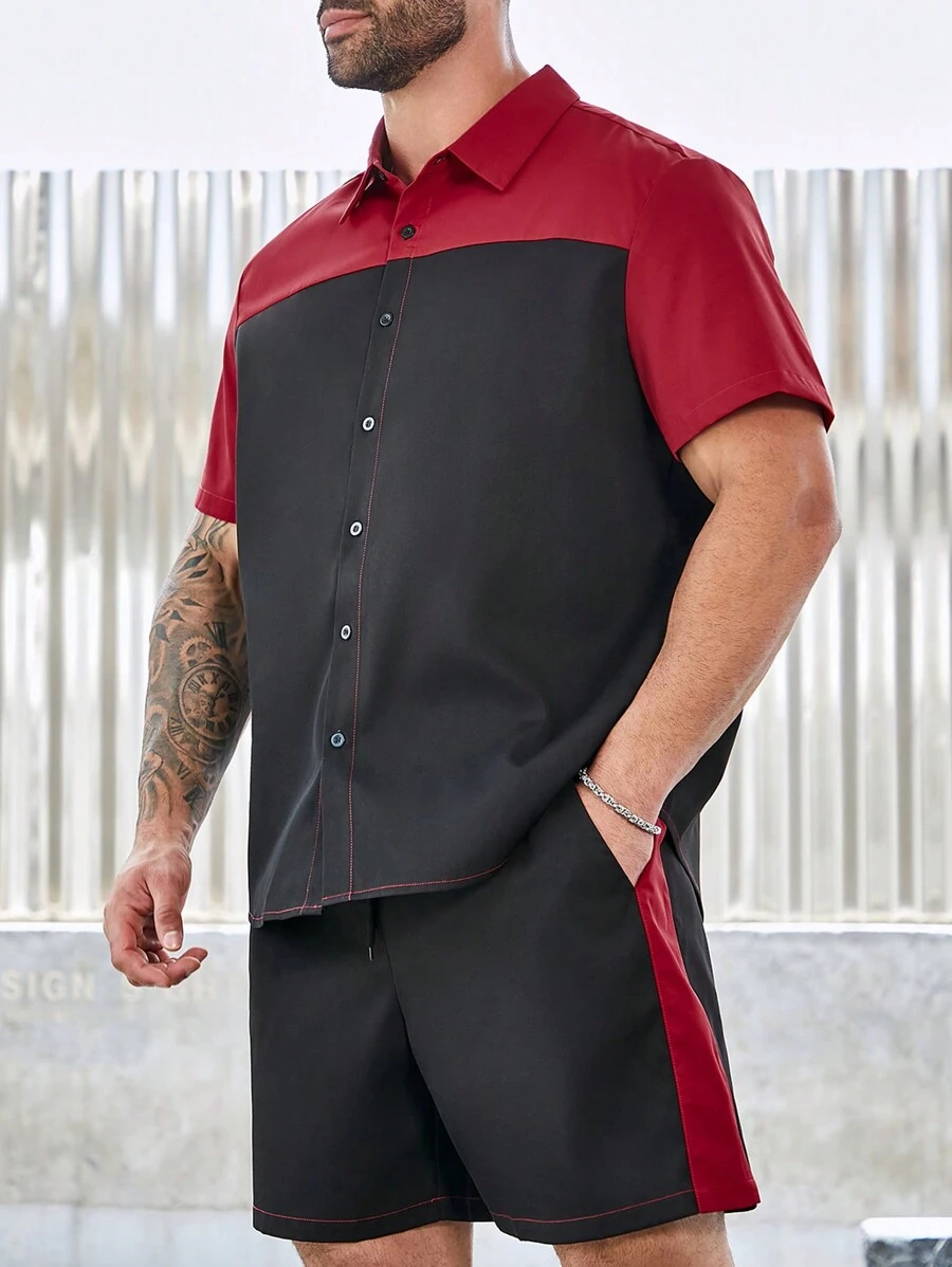 Manfinity Homme Men's Plus Size Summer Color Block Short Sleeve Loose Casual Shirt And Shorts Set - Multicolor - View 1