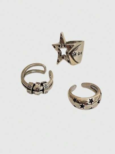 Grunge Punk 3pcs Fashion Copper Star Decor Cuff Ring For Women For Daily Decoration