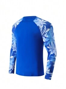 Surfspeed Men's Printed Splicing Long Sleeve Beach Vacation Surfing Rashguard Top,Hawaiian, Blue Tropical Men, Beach Tops For Men, Men's Resort Wear, Men Vacation Wear, Swim Shirt For Men - Multicolor - View 3