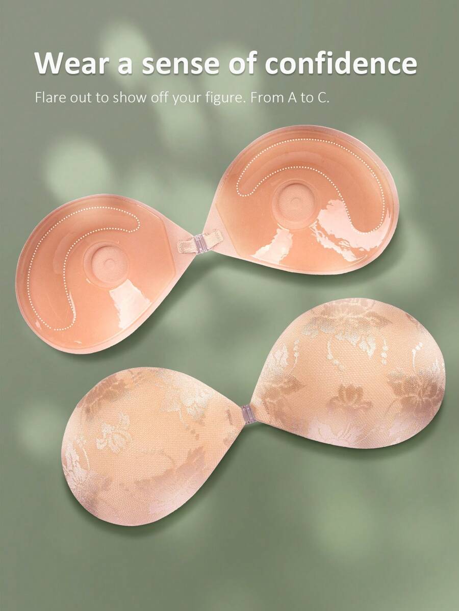 Lace Adhesive Bra With Front Buckle, Push-Up - Khaki - View 1