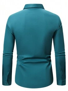 Manfinity Mode Men's Solid Color Long Sleeve Shirt With Embroidered Cuffs, For Fall - Teal Blue - View 2