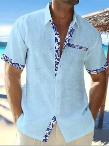 Manfinity RSRT Camisa de verano para hombre de manga corta con dobladillo de remiendo