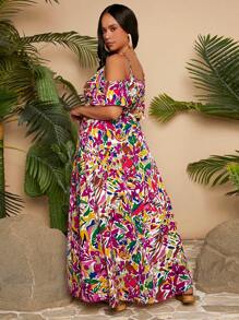 Travachic Plus Size Holiday Casual Off-Shoulder In hoa Spaghetti Strap Dress - Nhiều màu - Xem 2