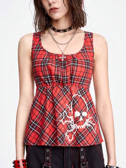Grunge Punk Sexy & Sweet Skull Printed Slim Fit Tank Top With Square Neckline And Pleated Plaid Pattern For Women