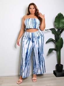 SHEIN SXY Plus Size Strapless Loose Fit Wide Leg Tie Dye Two Pieces Set - Multicolor - View 3