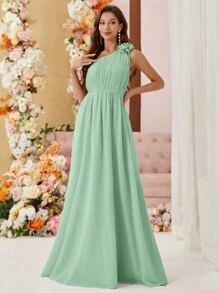 SHEIN Belle 斜肩褶皱伴娘礼服配3D花朵装饰和大摆下摆（成人）优雅礼服 - 薄荷綠 - 查看 4