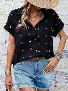SHEIN LUNE Dames Valentijn Hart Print Vleermuis Korte Mouw Shirt