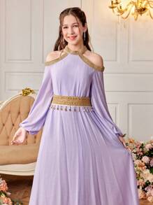 SHEIN Teen Girl Woven Solid Color Splicing Gold Ribbon Tassel Off-Shoulder Long Casual Dress