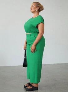 SHEIN EZwear Plus Size Green Linen Holiday Casual Pants Set
