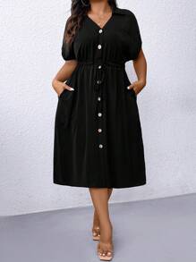 SHEIN Clasi Robe longue de loisirs pour femmes grande taille, unie, à manches chauve-souris et à boutons, idéale pour les vacances - Noir - Voir 4