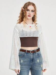 ROMWE Fairycore Summer Crochet Spring/Summer Mesh With Cute Mushroom Embroidery Women's Sweater Pullover With Bell Sleeves
